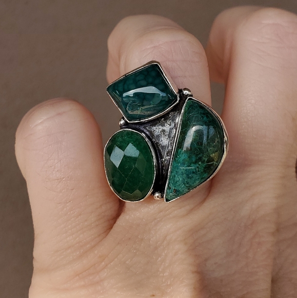 New Chrysocolla, Dragon Veins Agate, Emerald 925 Silver Ring. - Picture 15 of 16